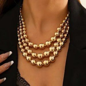 SKS Triple Link Gold Tone Beaded Necklace and Bracelet Set